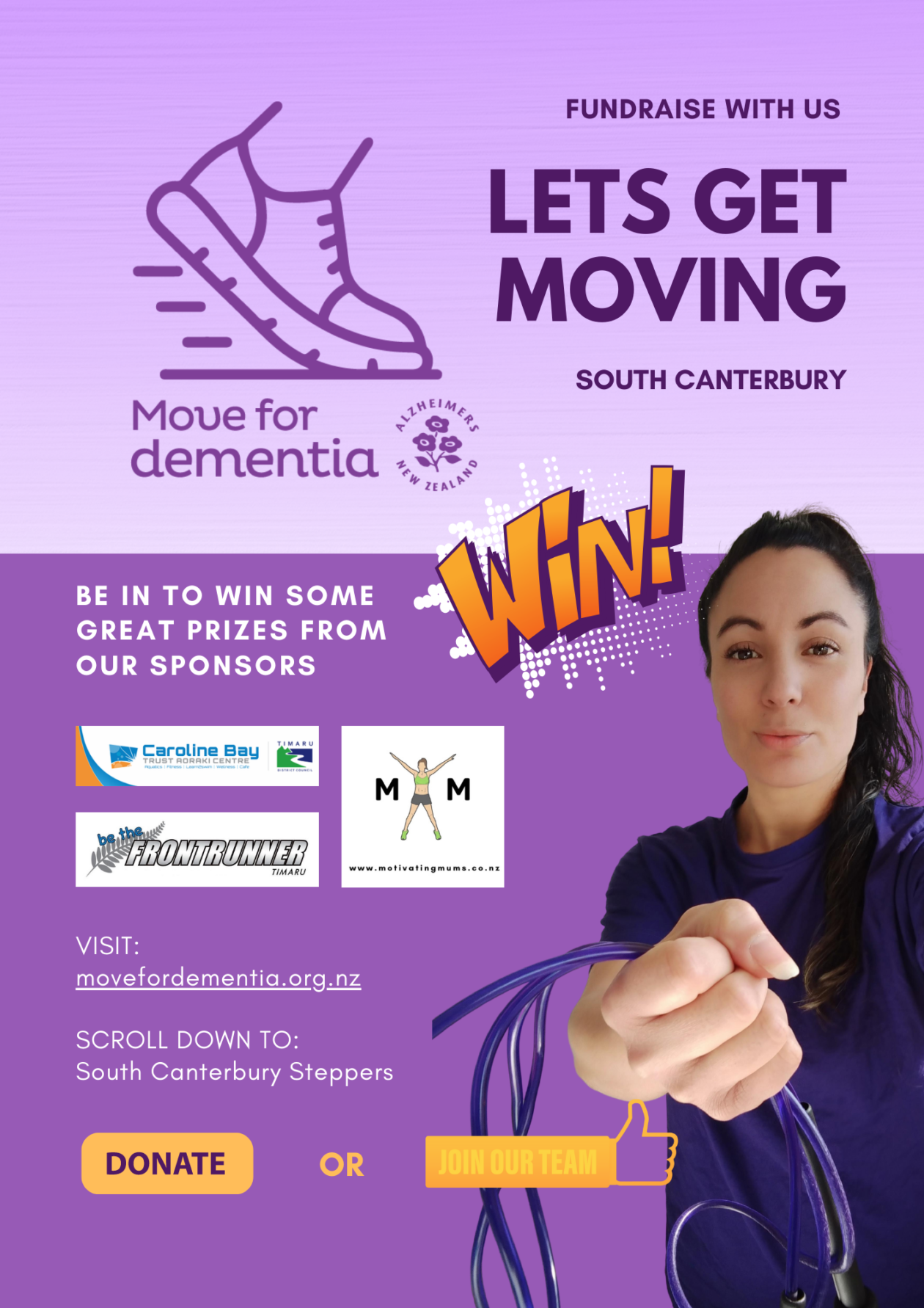 a women wearing purple holding out a purple skipping rope. Inviting readers to join our Move for Dementia fundraising campaign