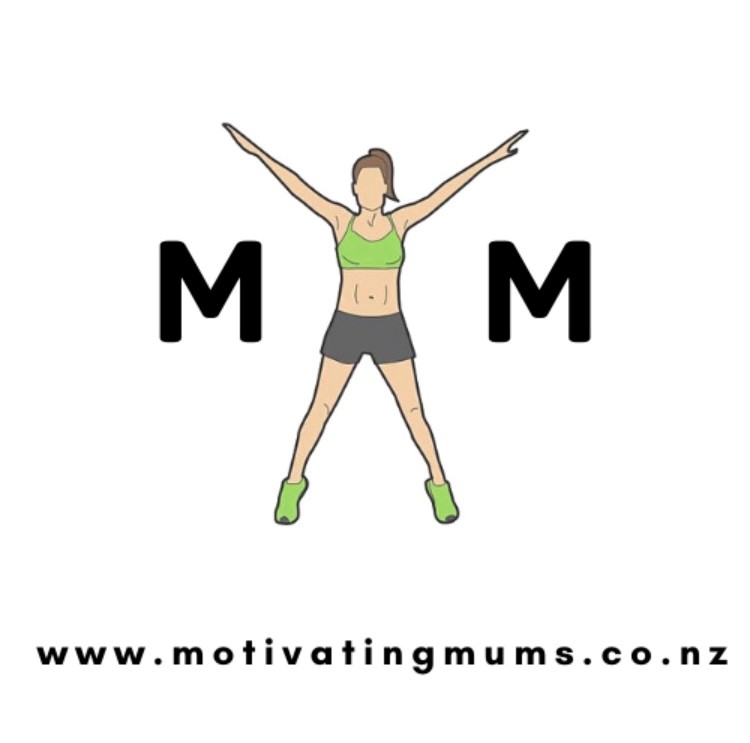 motivating mums logo 2 letters of M with an image of a women in workout clothing in the centre . 