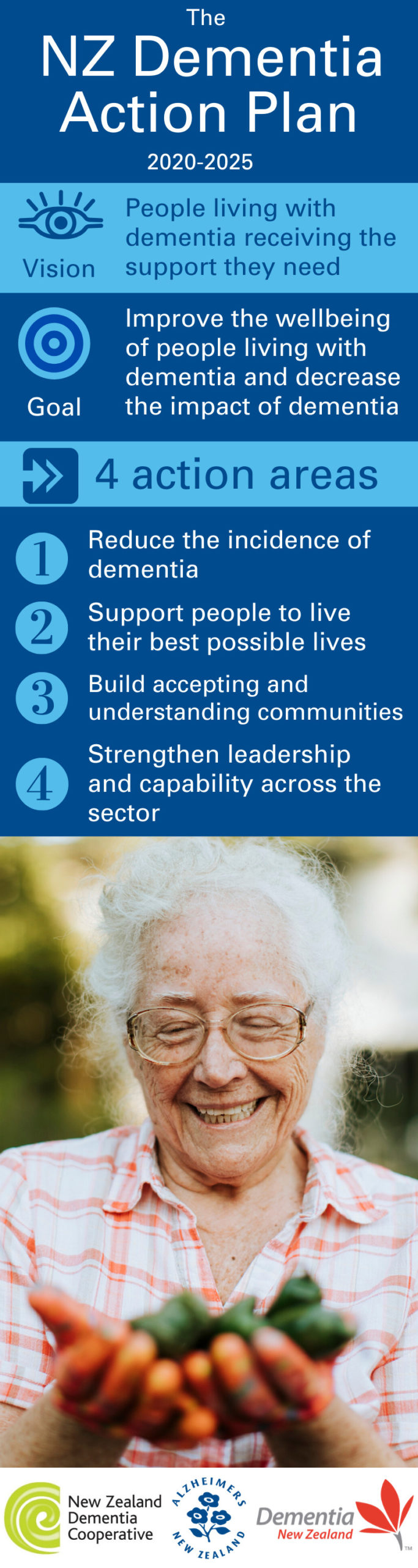 NZ Dementia Action Plan. 
Vision, goal and 4 action areas
