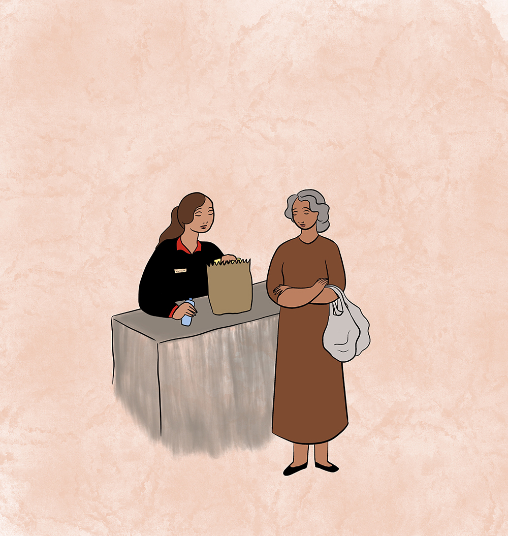 Lily's grandmother and the supermarket cashier. Illustration by @maori_mermaid