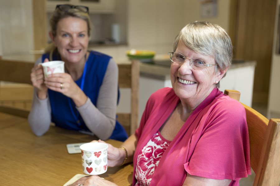 Two women drinking tea together