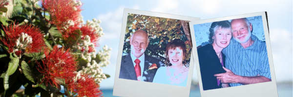 Photographs of Denise and Brian next to a pohutakawa tree in bloom