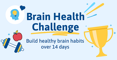 Brain Health challenge graphic with a trophy, apple and gym equipment