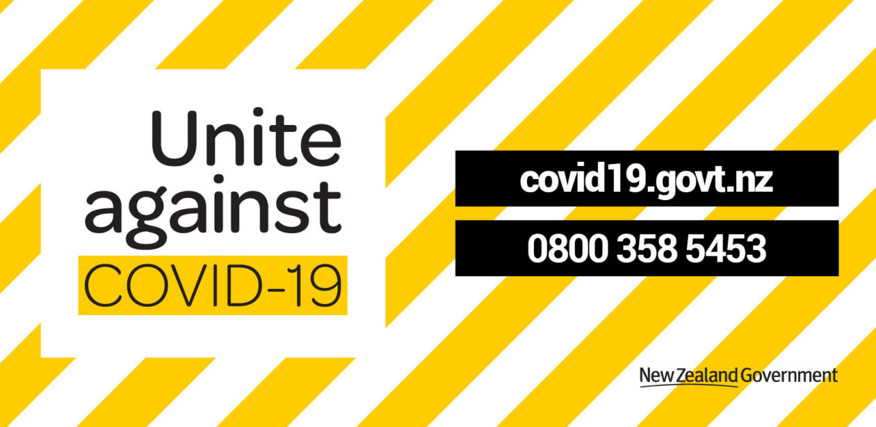 Unite Against Covid-19 banner with website address covid19.gov.tnz and phone number 0800 358 5453